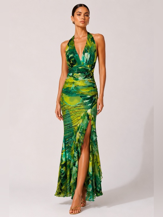 Nina Austin Dresses & Skirts - Vintage Artwear Silk Blend Burnout Velvet Beaded Halter Maxi Gown Green Abstract